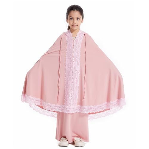 Girls Abaya Muslim Prayer Dress 2 Piece Maxi Sleeve Full Cover Lace Hijab Kaftan Tops Long Skirt Kids Soft Elastic - color: Pink, size: 5-6 Years