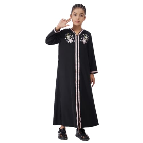 Kids Girls Abaya Muslim Eid Dress Gold Embroidered Lace Hooded Maxi Kaftan Robe Islamic Dubai Prayer Clothes - color: A-black, size: 8 Years