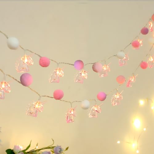 ChiRee Pom Poms String Lights with Unicorn Fairy Lights - color: Pink Pompoms-Pink Unicorn