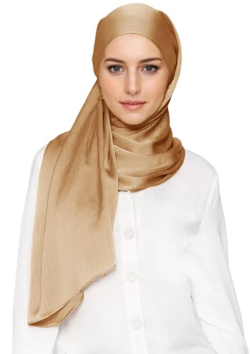 Lina & Lily Premium Crinkled Satin Hijab Head Scarf Shawl for Muslim Women - color: Camel