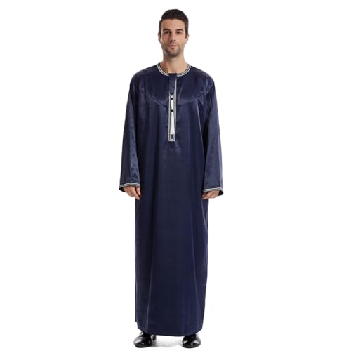 Qianliniuinc Muslim Islamic Pakistan Dubai Abaya Thobe Middle East Style Embroidered Men's Clothing S-XXXL - color: Navy Blue, size: Medium