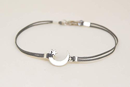Men's bracelet silver tone crescent moon charm bracelet for men gray cotton string cord boyfriend gift for him moon star bracelet clasp mens jewelry