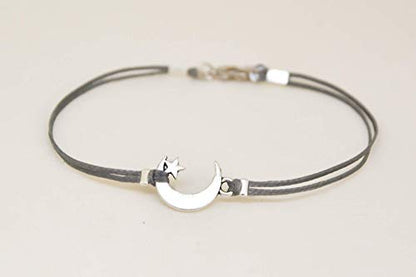 Men's bracelet silver tone crescent moon charm bracelet for men gray cotton string cord boyfriend gift for him moon star bracelet clasp mens jewelry