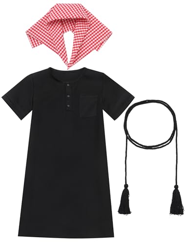 Toddler Muslim Baby Boys Prayer Clothes Kaftan Thobe Short Sleeve Ramadan Arabic Islamic Abaya Dubai Robe Head Scarf Rope Set - color: Black, size: 6-12 Months