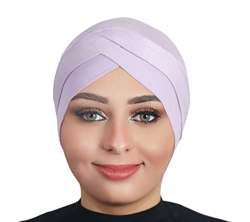 Solid Color Full Cover Inner Hijab Caps Muslim Forehead Cross Turban Stretch Hijab for Women Head Scarf Under Hijab - color: Lavender