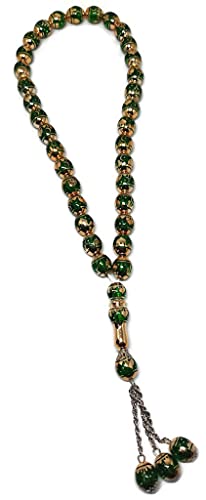 Muslim Tasbih 33 Rosary Bead AMN-276 Islam Prayer dhikr Misbaha with Masjid Image Printed on Laser Crystal Stone Beads Islamic Religion Eid Ramadan Gift (Green) - color: Green