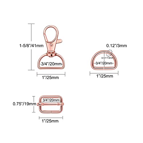 WAFJAMF Metal Snap Hook Ring Bulk 30 Pcs, Swivel Clasp Buckle and Non-Welded D Ring 10 Pcs, Adjustable Rectangular Buckle (3/4' Inside Width Rose Gold) - color: Rosegold, size: 3/4” Inside Width