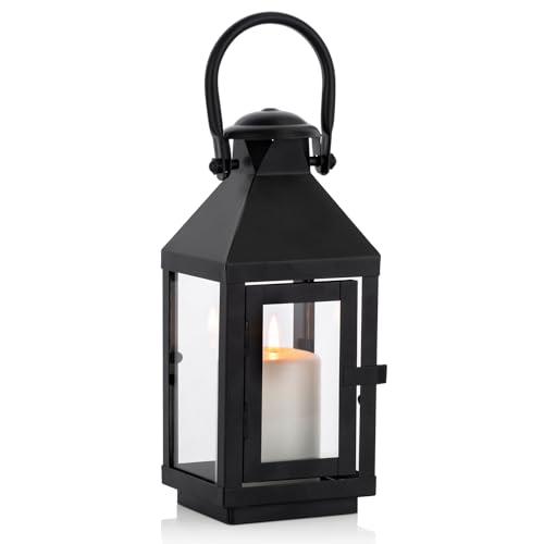 Nuptio Garden Lanterns for Pillar Candles Tall Vintage Style Metal Candle Holder Halloween Hanging Decorative Lantern for Wedding Christmas Parties Indoor Outdoor 8.7in - color: Black, size: Small