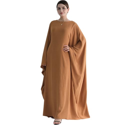 Women Muslim Abaya Dress 1Piece Bat Sleeve Islamic Maxi Robe Fashion Jilbab for Women Eid Kaftan Muslim Robe - color: Camela, size: Medium
