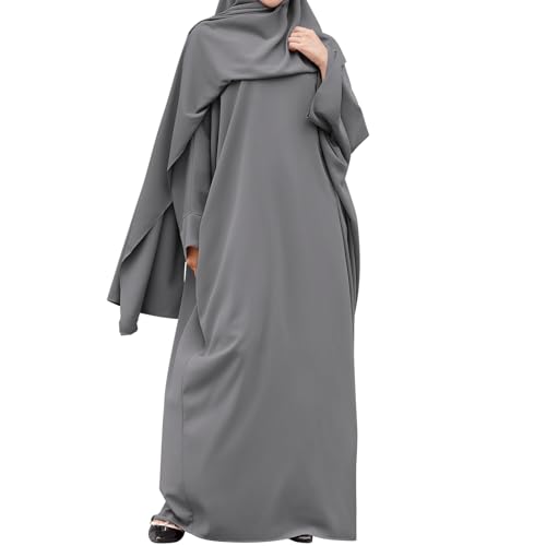 IDOPIP Abayas for Women Muslim Dress with Hijab, One-Piece Long Sleeve Islamic Prayer Dress with Khimar Jilbab Kaftan Clothes - color: Gray (1pc Dress Only)