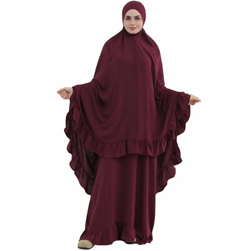 2PCS Women Muslim Prayer Abaya Dress Ruffle Trim Side Pockets with Khimar - color: Wine Red, size: Medium