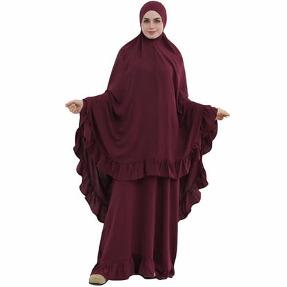 2PCS Women Muslim Prayer Abaya Dress Ruffle Trim Side Pockets with Khimar - color: Wine Red, size: Large