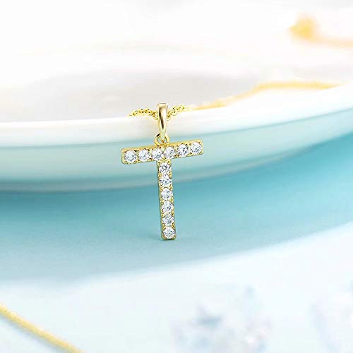 Tarsus Initial Cubic Zirconia Necklace Jewelry Gifts for Women Adjustable Chain 18" + 2" - style: Gold-T-Diamond style