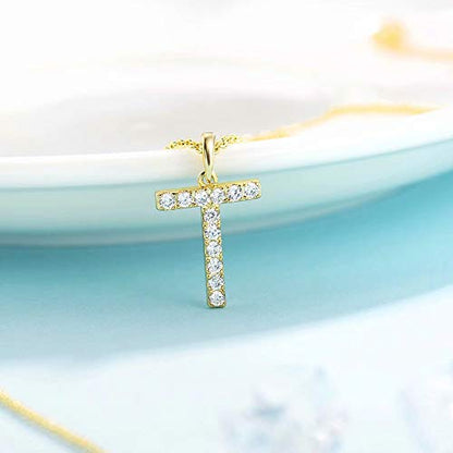 Tarsus Initial Cubic Zirconia Necklace Jewelry Gifts for Women Adjustable Chain 18" + 2" - style: Gold-T-Diamond style