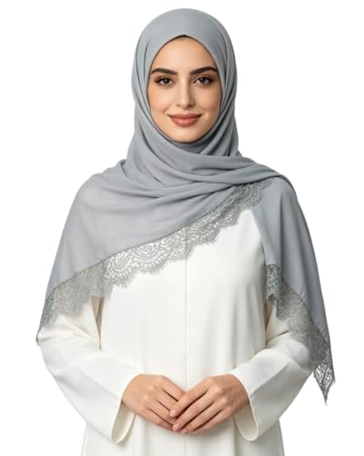 JUMISEE Elegant Floral Lace Hijab Scarf for Women Soft Cotton Head Wrap Instant Hijab Long Scarves Evening Dress Shawl - color: Gray