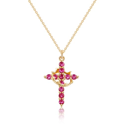 Robaice Upgraded Crown Cross Necklace for Women, 14K Gold Plated - color: M01 Garnet Red, Jan