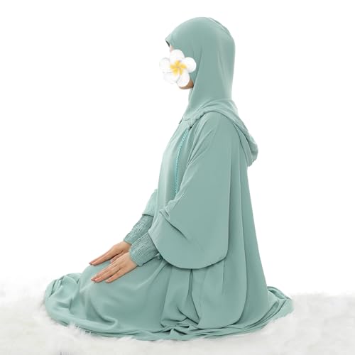 khalat Muslim Prayer Dress Abaya Solid One-Piece Hoodie Abaya Dress for Women Long Maxi Dress Islamic Dubai Jilbab - color: Light Green