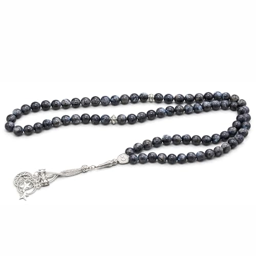 Amazing Gemstone Larvikite Tasbeeh with Moon and Star Charm - Certified Crystal Muslim Prayer Beads Natural Gemstone Tasbih Gift for Ramadan Dhikr and Daily Namaz (S) - color: Larvikite