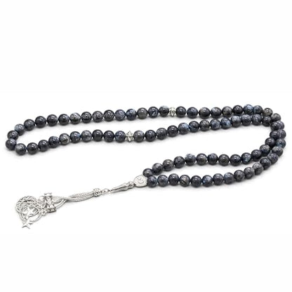 Amazing Gemstone Larvikite Tasbeeh with Moon and Star Charm - Certified Crystal Muslim Prayer Beads Natural Gemstone Tasbih Gift for Ramadan Dhikr and Daily Namaz (S) - color: Larvikite