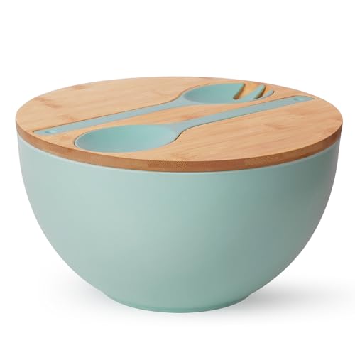11.3" Extra Large Salad Bowl with Wooden Lid & Servers, 208Oz, Oversized Bamboo Fiber Salad Serving Set with Utensils for Home/Kitchen, Big Lightweight Bowl for Mixing Salad,Fruit,Pasta - Turquoise - color: Turquoise, size: 11.3 inch