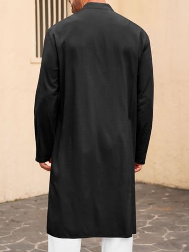 Runcati Mens Kaftan Thobe Button Down Long Sleeve Robe Casual Henley Shirt Cotton Muslim Gown Kurta Tops - color: Black, size: X-Large