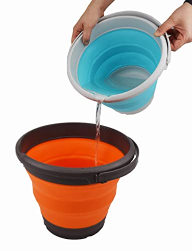 SAMMART 5.5L (1.4 Gallon) Collapsible Plastic Bucket - Foldable Round Tub - Portable Fishing Water Pail - Space Saving Outdoor Waterpot (Grey/Cyanine (Set of 2)) - color: Grey/Cyanine (Set of 2)