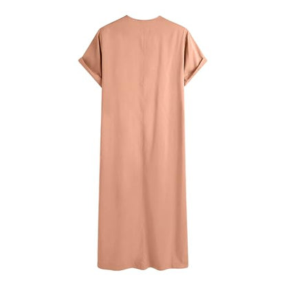 Muslim Thobe for Men Islamic Robe Kaftan Long Sleeve Jubba Arabic Gown Cotton Linen Loose Fit Ramadan A20 - color: Khaki, size: Medium