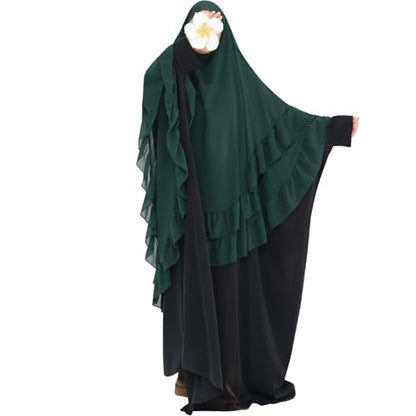 khalat Women's Hijab Chiffon Hijab for Women Muslim 2 Layers Ruffle Lightweight Large Hijab - color: Dark Green