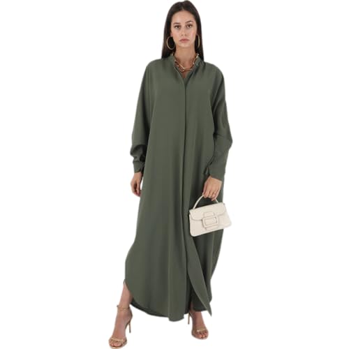 AWIBMK Women Abayas Dubai Kaftan Henley Shirt Prayer Maxi Dress Muslim Batwing Sleeve Ramadan Islamic Clothes - color: Olive Green