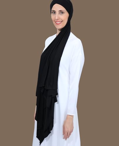 Instant Jersey Cotton Hijab Scarf for Women, Non-See Through Tieback Muslim Head Scarf - color: Black
