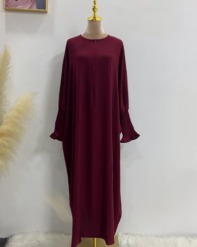 Muslim Prayer Abaya Islamic Women's Khimar Pure Color Hijab Dress Long Sleeve Dubai Kaftan - color: Winered