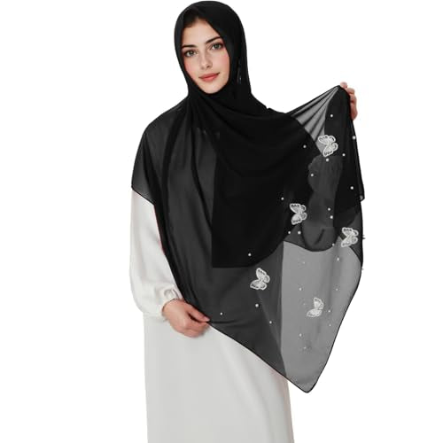 Muslim Prayer Hijab for Women Lightweight Pearl Chiffon Scarfs 3-D Butterfly Embroidery with Glitters Beads Islamic Hijab - color: Black