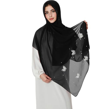 Muslim Prayer Hijab for Women Lightweight Pearl Chiffon Scarfs 3-D Butterfly Embroidery with Glitters Beads Islamic Hijab - color: Black
