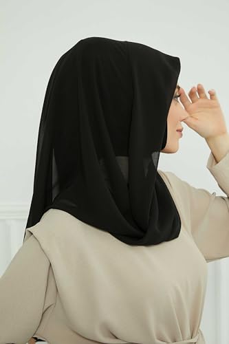 Aisha's Design Pre-tied Cotton-Chiffon Scarf for Women Practical Veil Instant Scarf Hijab Stylish Design - color: Black