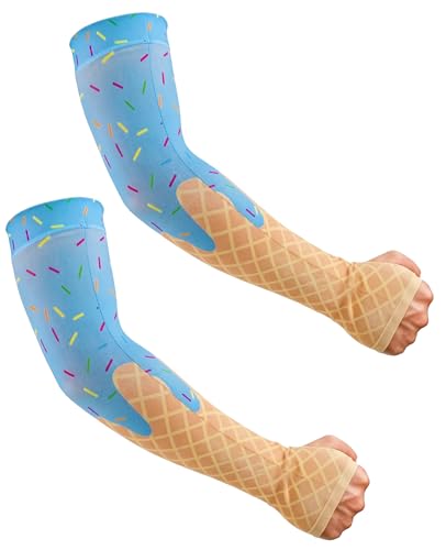 Aueyan Arm Sleeves for Men Women,Cooling Sleeves with Thumb Holes,Funny Sun Protection Arms Cover with Print Pattern - color: Ice Cream Blue