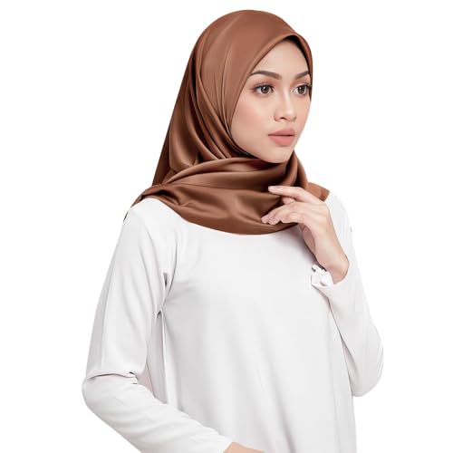 Elegant Satin Jersey Muslim Hijab Scarf Square Soft Head Wrap Scarves Shawl for Women Girls - color: Coffee(90*90cm)