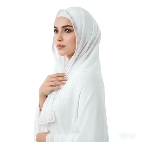 Premium Chiffon Hijab Rhinestone Long Scarf Shawl Wrap for Women Head scarf for Muslim Wedding Party Gift Packed - color: 002wavy White