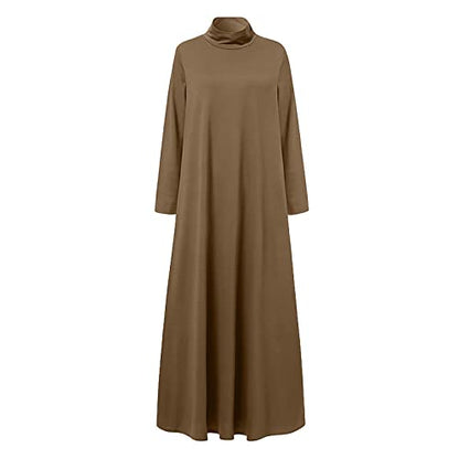 Xiaojmake Women Turtleneck Tunic Dresses Casual Long Sleeve Maxi Dress Long Sleeve Floore Length A Line Long Prayer Dress - color: Brown, size: X-Large