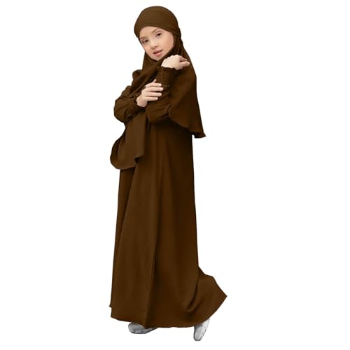 Girls Muslim Dress Islamic Prayer Abaya Long Sleeved Cardigan Kaftan Robe Maxi Dresses with Hijab Ramadan Dubai - color: Coffee, size: 5-6 Years