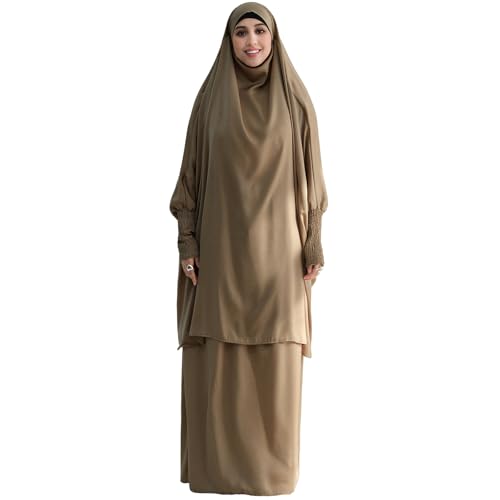 Muslim Women Abaya Two Pieces Set Prayer Dress Elasticated Sleeves Islamic Robe Modest Full Cover Prayer Clothes - color: Taro