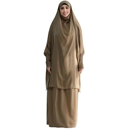 Muslim Women Abaya Two Pieces Set Prayer Dress Elasticated Sleeves Islamic Robe Modest Full Cover Prayer Clothes - color: Taro