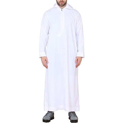 TruClothing Mens Hooded Thobe Hood Jubba Nehru Stand Collar Islamic Clothing Muslim Kaftan Robe Saudi Slim Regular Fit - color: White Slim, size: Medium
