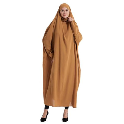 Lmdudan Muslim Women Islamic Full Cover Prayer Dress Long Sleeve Loose Abaya Hijab Outfit 2026 Ramadan Modest Prayer Clothes - color: Khaki, size: X-Large