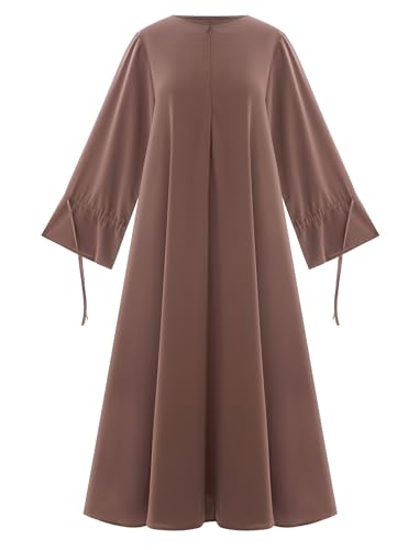 ABEWIP Muslim Dresses for Women Long Sleeve Tie Cuffs Islamic Prayer Dress Abaya Kaftan Dubai Casual Dress - color: Khaki, size: X-Large