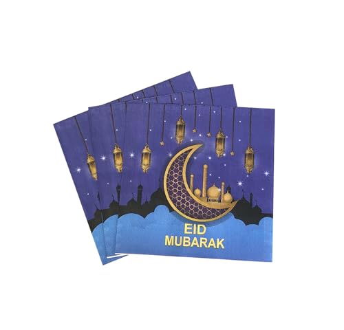 40Pcs Eid Mubarak Ramadan Napkins Eid Mubarak Party Supplies Disposable Paper Napkins Gold Stars Moon for Muslim Kitchen Holiday Party 6.5in(Blue)