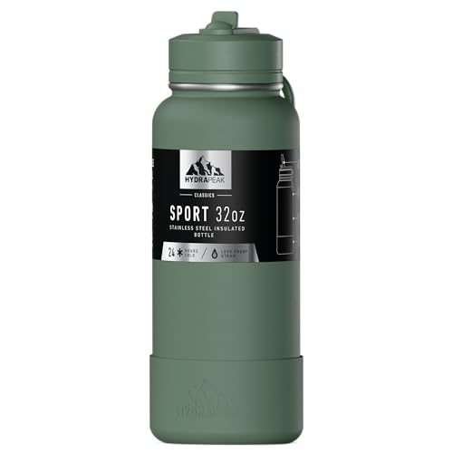 Hydrapeak 32oz Sport Insulated Water Bottle with Straw Lid, Leak & Spill Proof, Keeps Drinks Cold for 24 Hours, Hot for 12 Hours, Premium Stainless Steel Water Bottles (32oz, Sage Leaf) - color: Sage Leaf