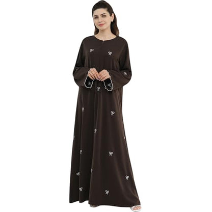 Abaya Dress for Muslim Women Bow Front Zipper Side Pockets Ramadan Eid Robe - color: Coffee, size: Small