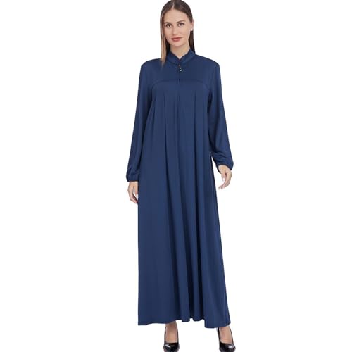 Women Muslim Casual Dress Islamic Maxi Robe Chest Zipper Abaya 1PC Soft Muslim Abaya Eid Kaftan Robe Classic Dress - color: Navya, size: Medium