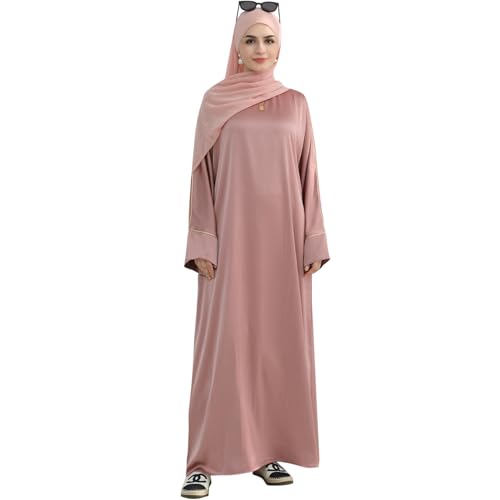 Muslim Praying Dress for Women Silk Glossy Back Zipper Robe Wear Gold Trim Modest Abaya Dress with Hijab - color: Pink, size: Small