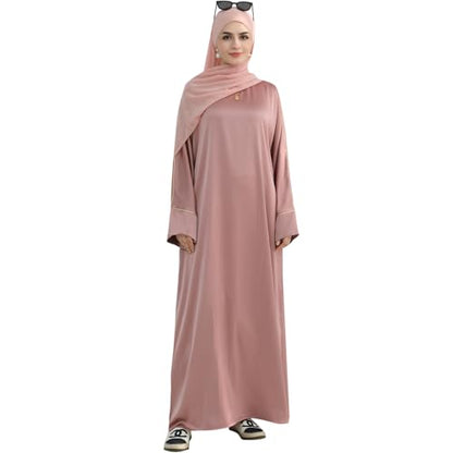 Muslim Praying Dress for Women Silk Glossy Back Zipper Robe Wear Gold Trim Modest Abaya Dress with Hijab - color: Pink, size: Small